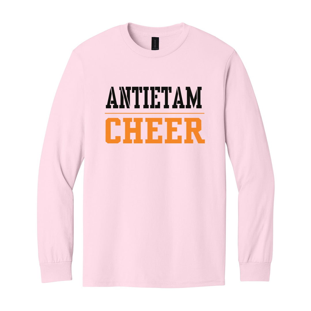 Antietam Mountaineers Sport or Activity long sleeve t-shirt in Light Pink: ANTIETAM over a thin rule and CHEER (your sport or activity) in block letters