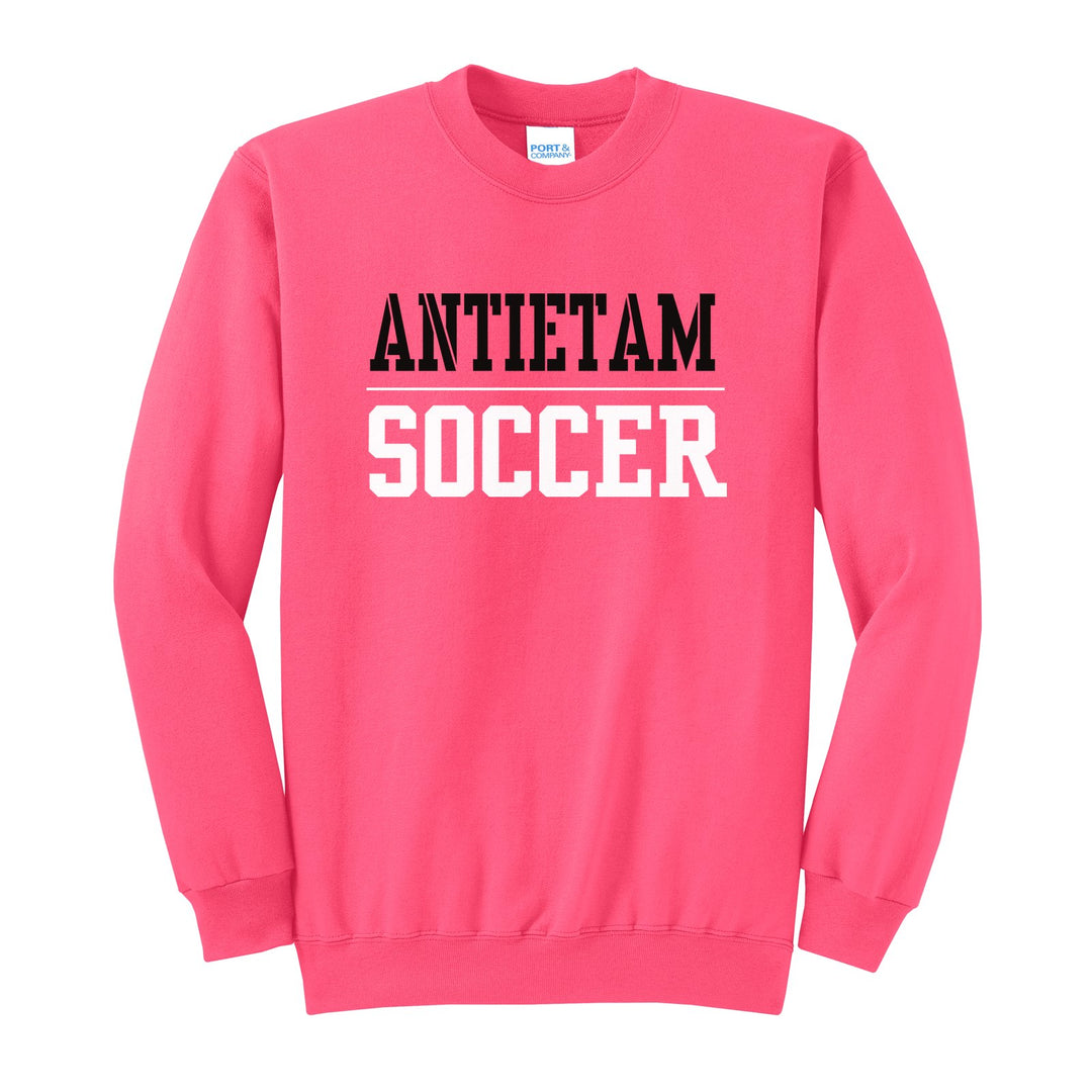 Antietam Mountaineers Sport or Activity crewneck sweatshirt in Neon Pink: ANTIETAM over a thin rule and SOCCER (your sport or activity) in block letters