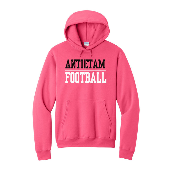 Antietam Mountaineers Sport or Activity hoodie in Neon Pink: ANTIETAM over a thin rule and FOOTBALL (your sport or activity) in block letters