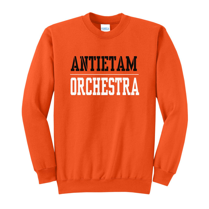 Antietam Mountaineers Sport or Activity crewneck sweatshirt in Orange: ANTIETAM over a thin rule and ORCHESTRA (your sport or activity) in block letters