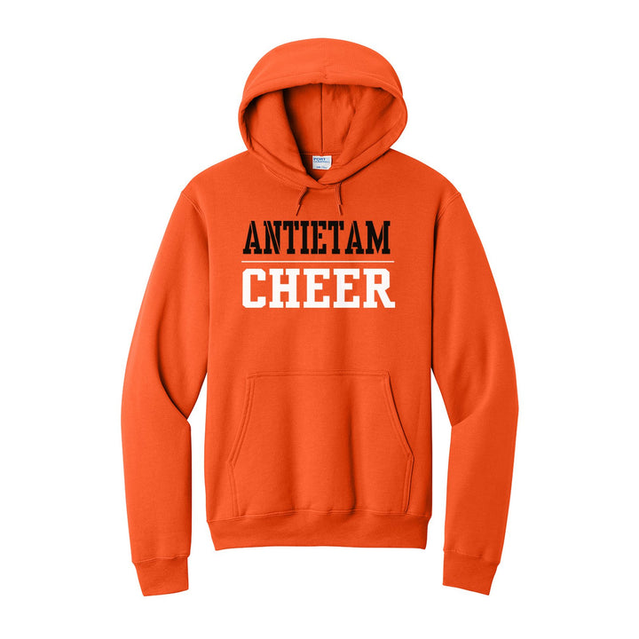Antietam Mountaineers Sport or Activity hoodie in Orange: ANTIETAM over a thin rule and CHEER (your sport or activity) in block letters