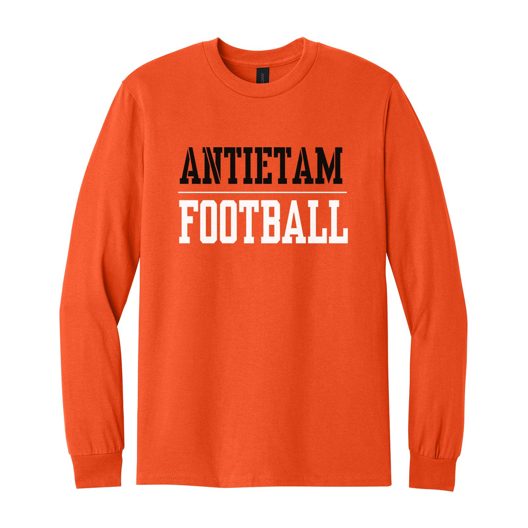 Antietam Mountaineers Sport or Activity long sleeve t-shirt in Orange: ANTIETAM over a thin rule and FOOTBALL (your sport or activity) in block letters