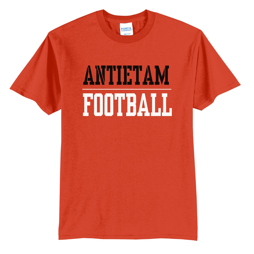 Antietam Mountaineers Sport or Activity t-shirt in Orange: ANTIETAM over a thin rule and FOOTBALL (your sport or activity) in block letters