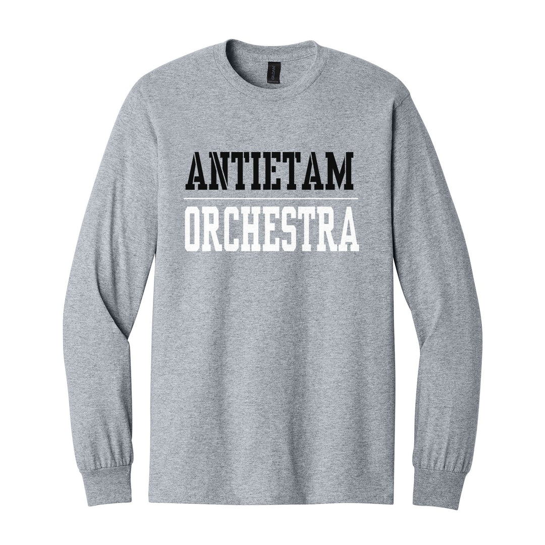 Antietam Mountaineers Sport or Activity long sleeve t-shirt in Sport Grey: ANTIETAM over a thin rule and ORCHESTRA (your sport or activity) in block letters
