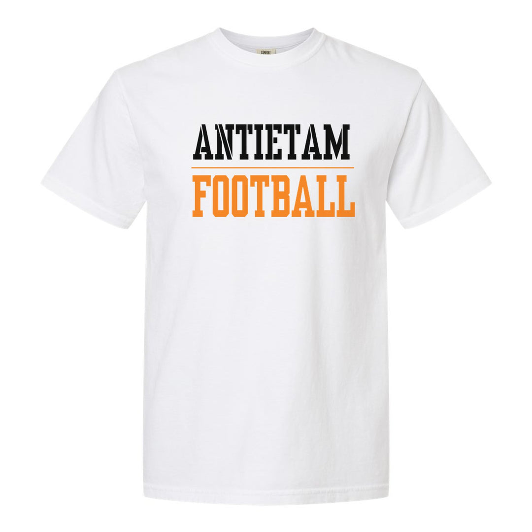 Antietam Mountaineers Sport or Activity comfort colors t-shirt in White: ANTIETAM over a thin rule and FOOTBALL (your sport or activity) in block letters