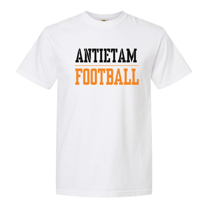 Antietam Mountaineers Sport or Activity comfort colors t-shirt in White: ANTIETAM over a thin rule and FOOTBALL (your sport or activity) in block letters