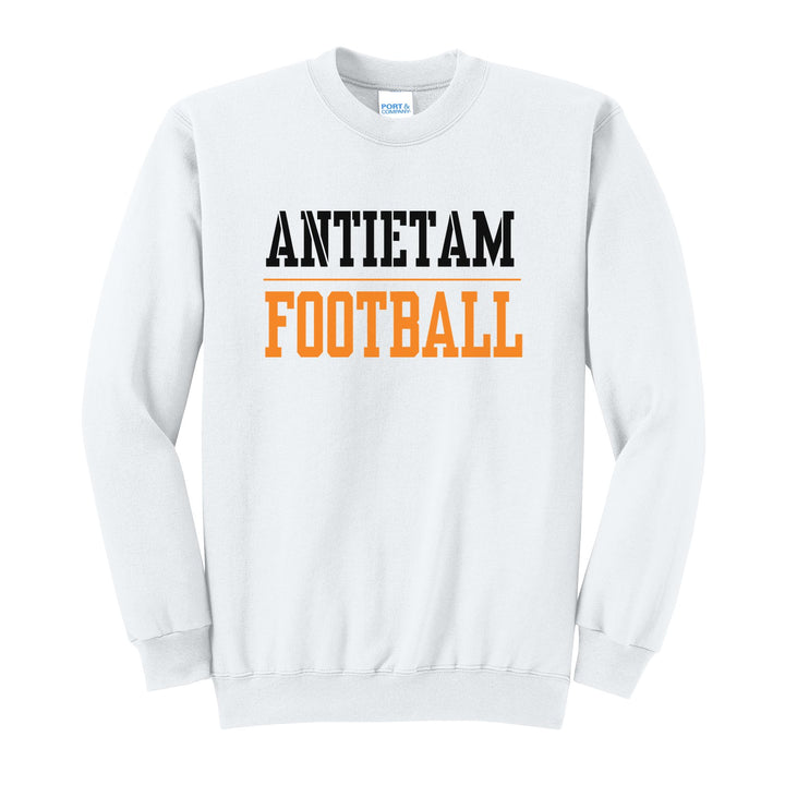 Antietam Mountaineers Sport or Activity crewneck sweatshirt in White: ANTIETAM over a thin rule and FOOTBALL (your sport or activity) in block letters