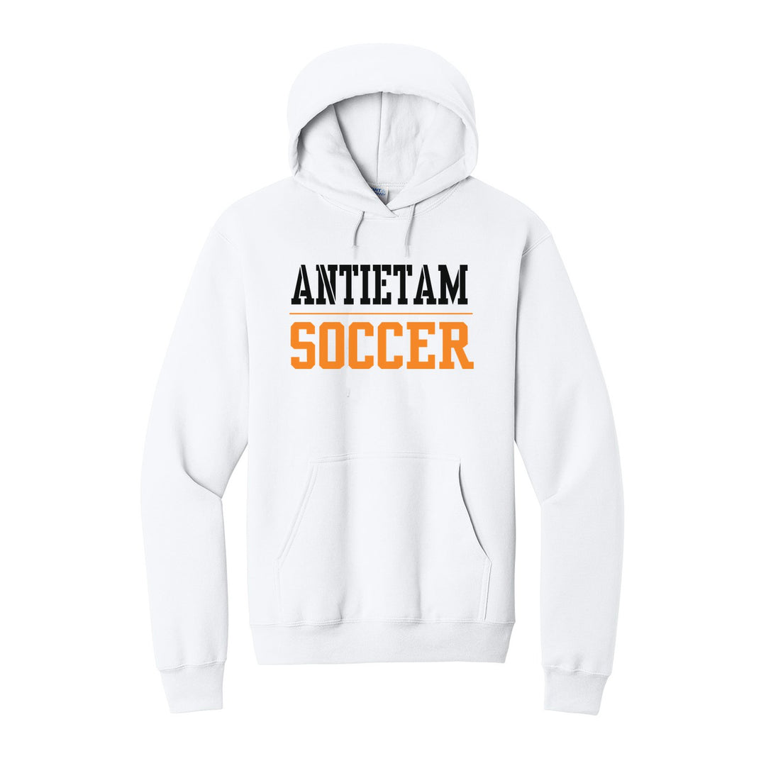 Antietam Mountaineers Sport or Activity hoodie in White: ANTIETAM over a thin rule and SOCCER (your sport or activity) in block letters