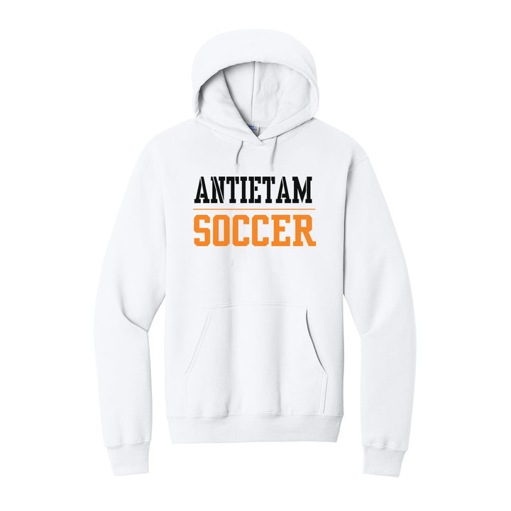 Antietam Mountaineers Sport or Activity hoodie in White: ANTIETAM over a thin rule and SOCCER (your sport or activity) in block letters