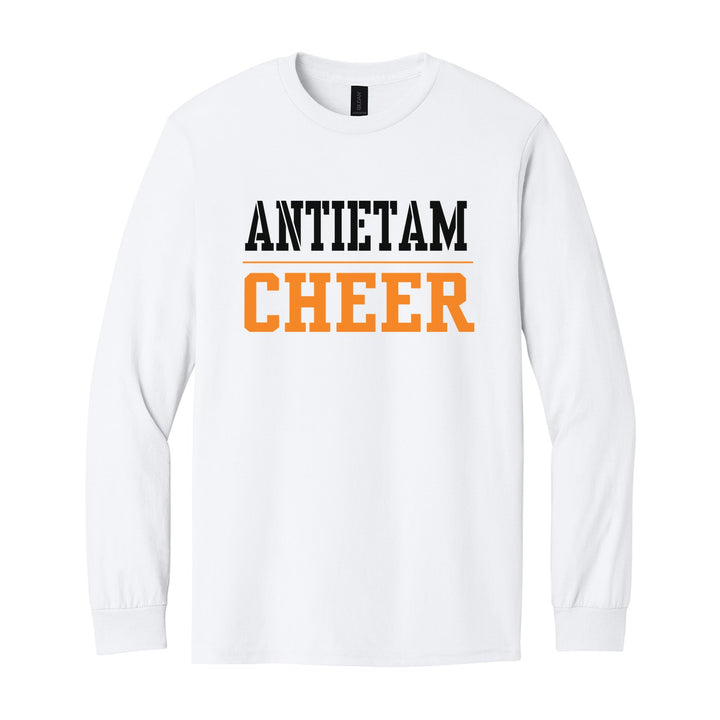 Antietam Mountaineers Sport or Activity long sleeve t-shirt in White: ANTIETAM over a thin rule and CHEER (your sport or activity) in block letters
