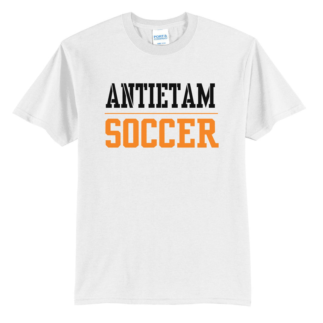 Antietam Mountaineers Sport or Activity t-shirt in White: ANTIETAM over a thin rule and SOCCER (your sport or activity) in block letters