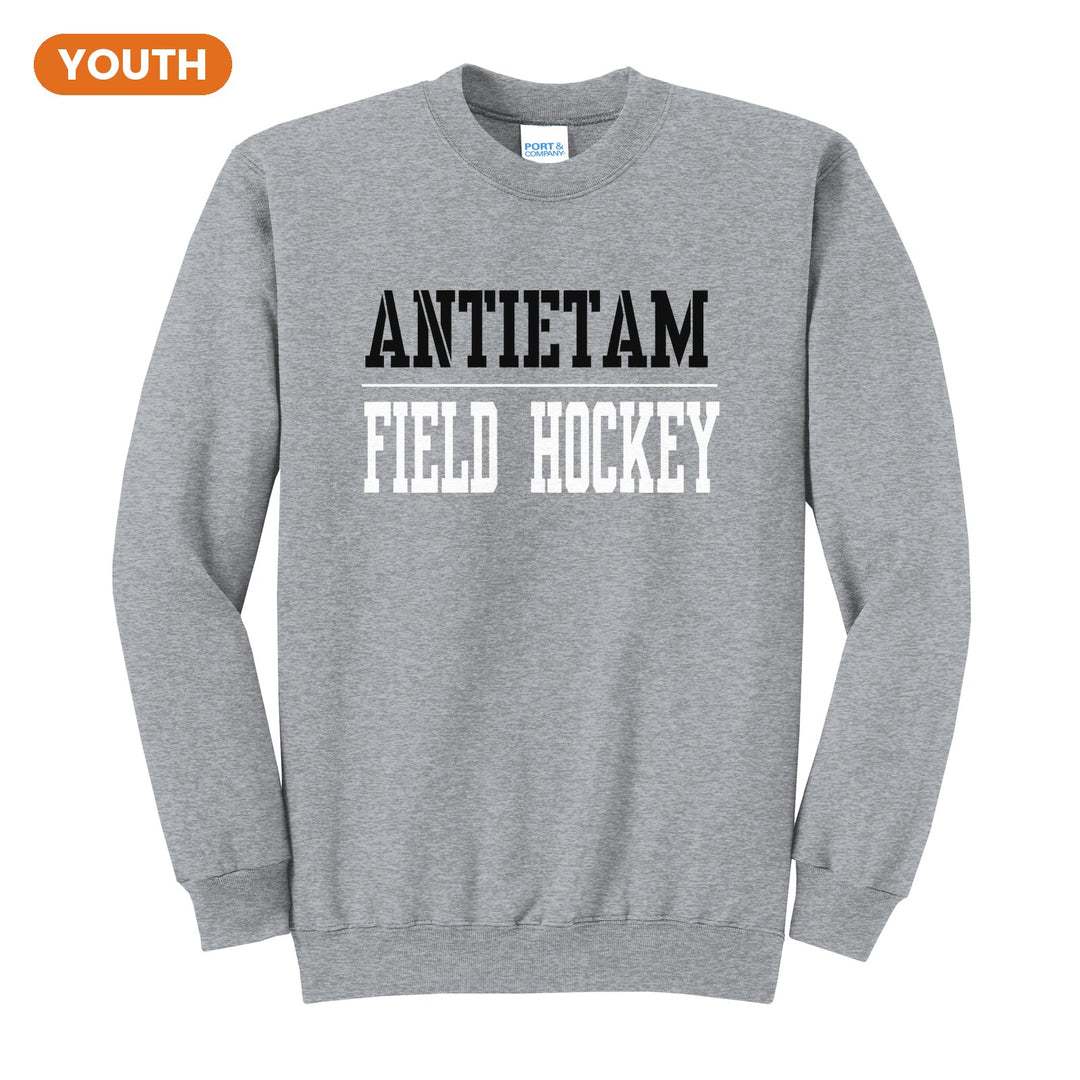 Antietam Mountaineers Sport or Activity youth crewneck sweatshirt in Athletic Heather: ANTIETAM over a thin rule and FIELD HOCKEY (your sport or activity) in block letters