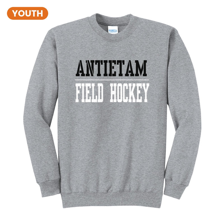 Antietam Mountaineers Sport or Activity youth crewneck sweatshirt in Athletic Heather: ANTIETAM over a thin rule and FIELD HOCKEY (your sport or activity) in block letters
