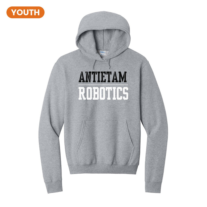Antietam Mountaineers Sport or Activity youth hoodie in Athletic Heather: ANTIETAM over a thin rule and ROBOTICS (your sport or activity) in block letters