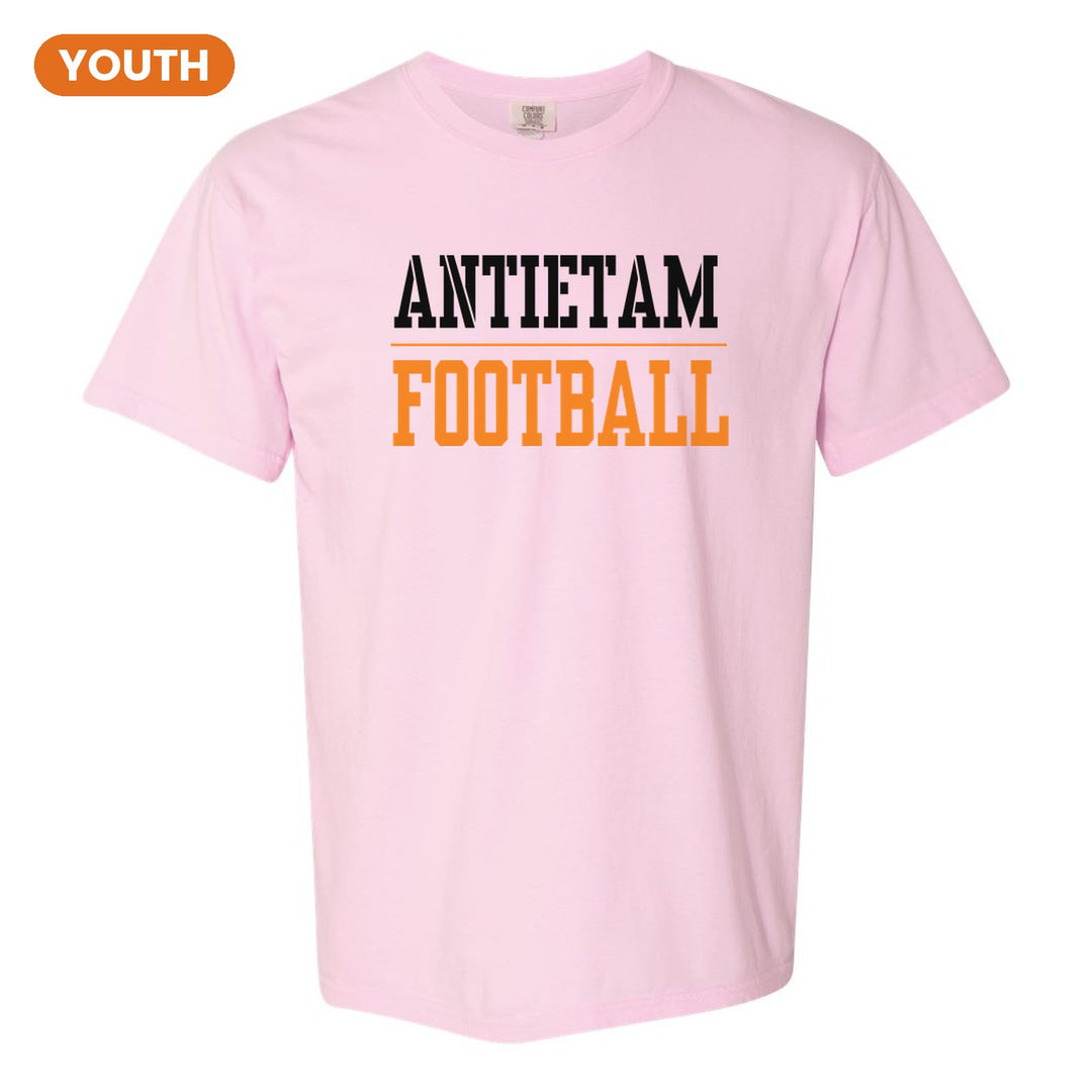 Antietam Mountaineers Sport or Activity youth comfort colors t-shirt in Blossom: ANTIETAM over a thin rule and FOOTBALL (your sport or activity) in block letters