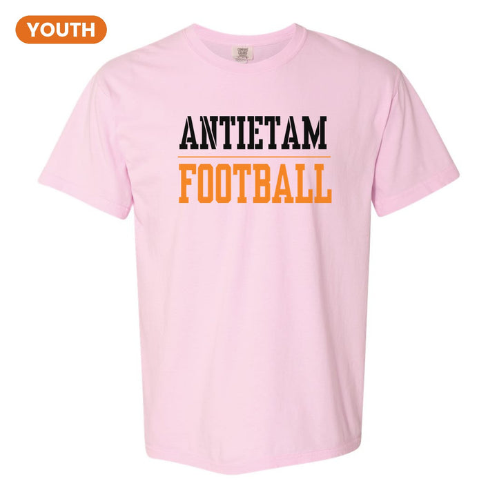 Antietam Mountaineers Sport or Activity youth comfort colors t-shirt in Blossom: ANTIETAM over a thin rule and FOOTBALL (your sport or activity) in block letters