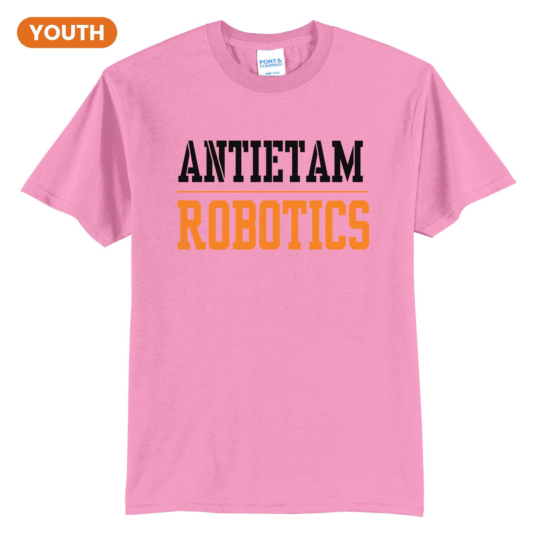 Antietam Mountaineers Sport or Activity youth t-shirt in Candy Pink: ANTIETAM over a thin rule and ROBOTICS (your sport or activity) in block letters