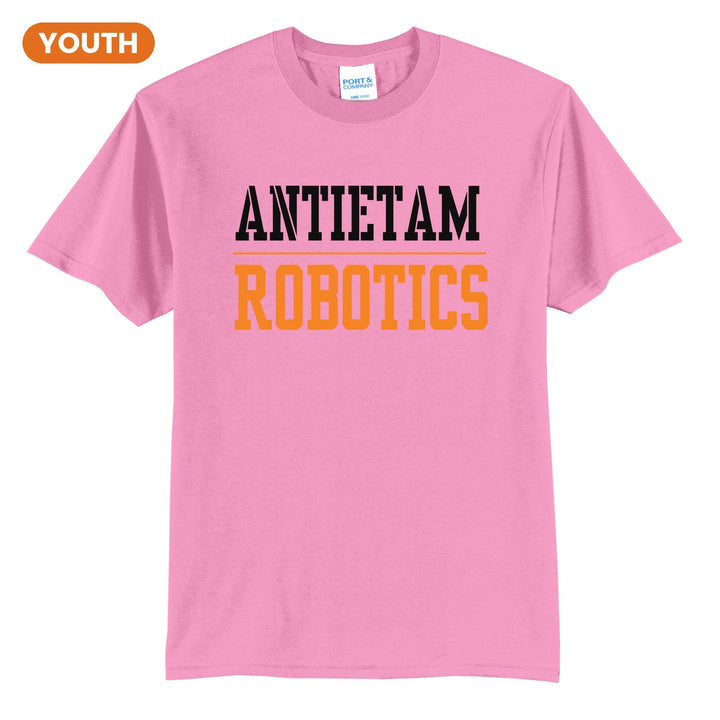 Antietam Mountaineers Sport or Activity youth t-shirt in Candy Pink: ANTIETAM over a thin rule and ROBOTICS (your sport or activity) in block letters