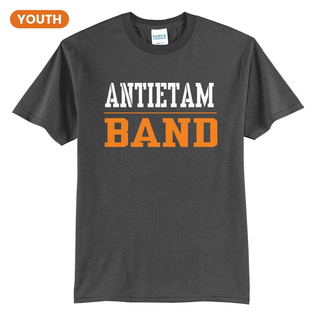 Antietam Mountaineers Sport or Activity youth t-shirt in Charcoal: ANTIETAM over a thin rule and BAND (your sport or activity) in block letters