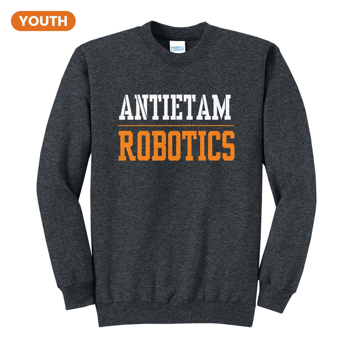 Antietam Mountaineers Sport or Activity youth crewneck sweatshirt in Dark Heather Grey: ANTIETAM over a thin rule and ROBOTICS (your sport or activity) in block letters