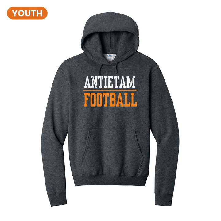 Antietam Mountaineers Sport or Activity youth hoodie in Dark Heather Grey: ANTIETAM over a thin rule and FOOTBALL (your sport or activity) in block letters