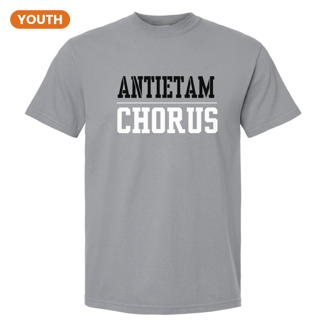 Antietam Mountaineers Sport or Activity youth comfort colors t-shirt in Granite: ANTIETAM over a thin rule and CHORUS (your sport or activity) in block letters