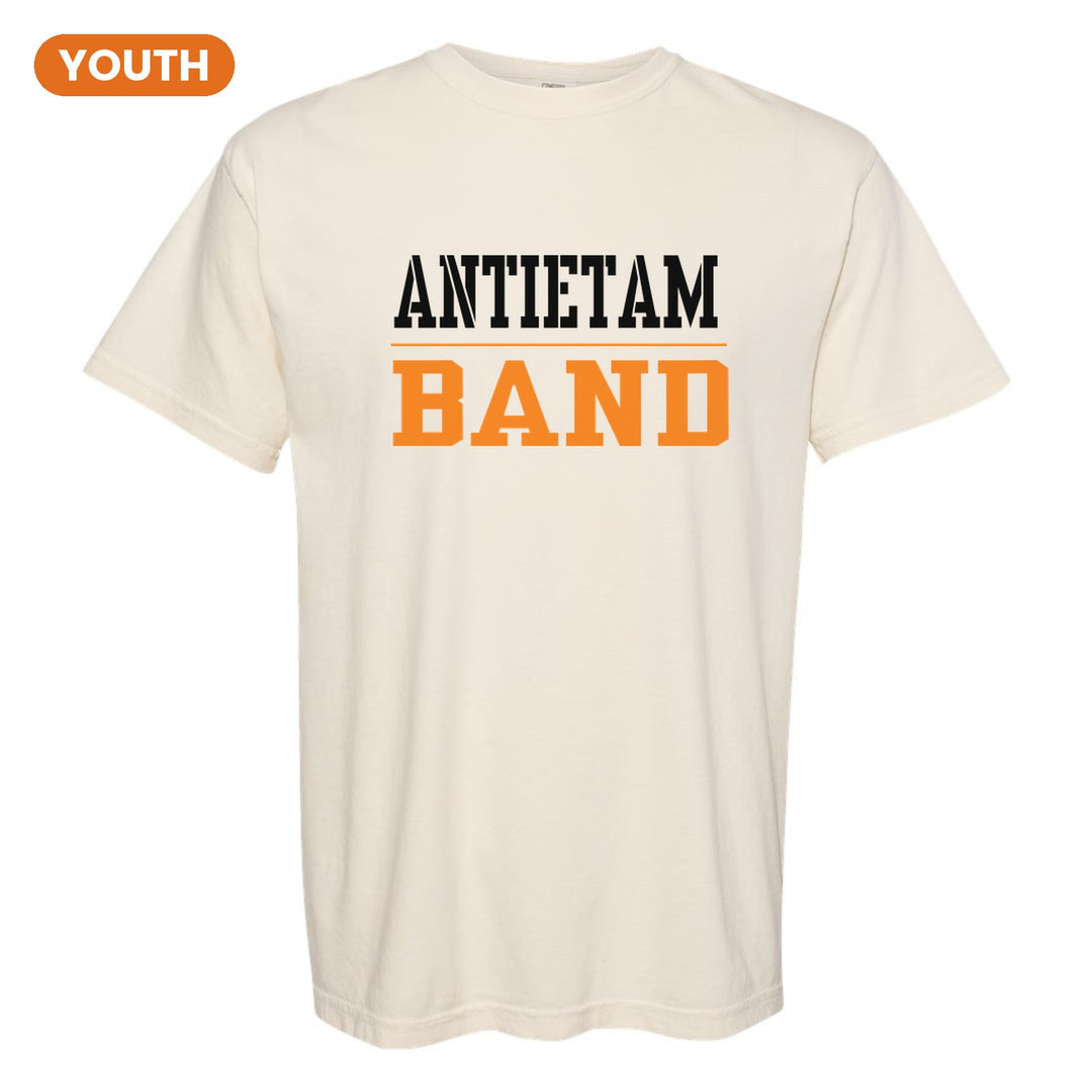 Antietam Mountaineers Sport or Activity youth comfort colors t-shirt in Ivory: ANTIETAM over a thin rule and BAND (your sport or activity) in block letters