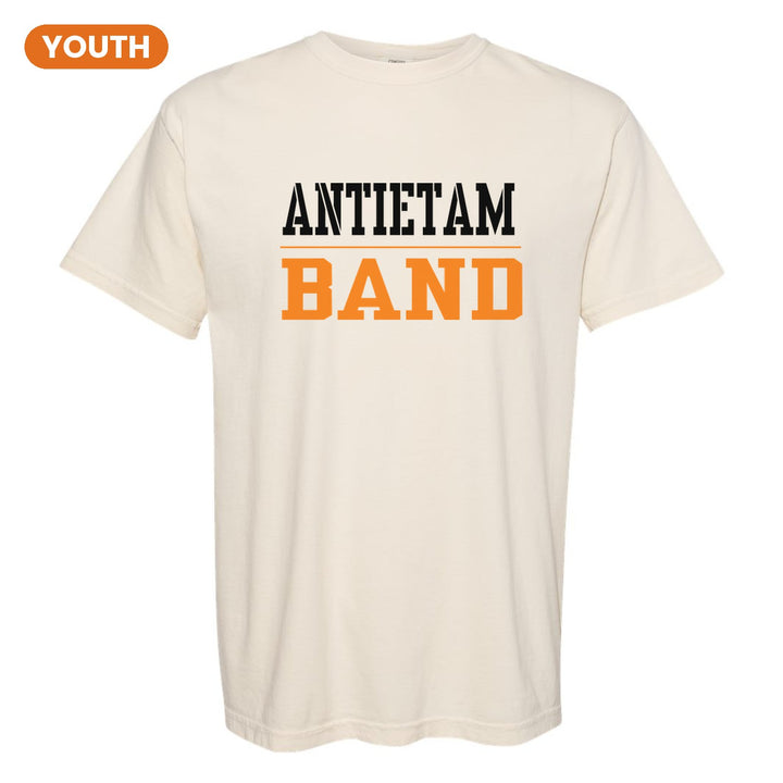 Antietam Mountaineers Sport or Activity youth comfort colors t-shirt in Ivory: ANTIETAM over a thin rule and BAND (your sport or activity) in block letters