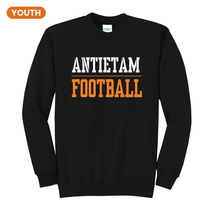 Antietam Mountaineers Sport or Activity youth crewneck sweatshirt in Jet Black: ANTIETAM over a thin rule and FOOTBALL (your sport or activity) in block letters