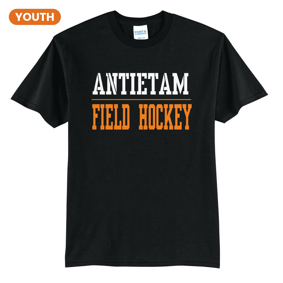 Antietam Mountaineers Sport or Activity youth t-shirt in Jet Black: ANTIETAM over a thin rule and FIELD HOCKEY (your sport or activity) in block letters