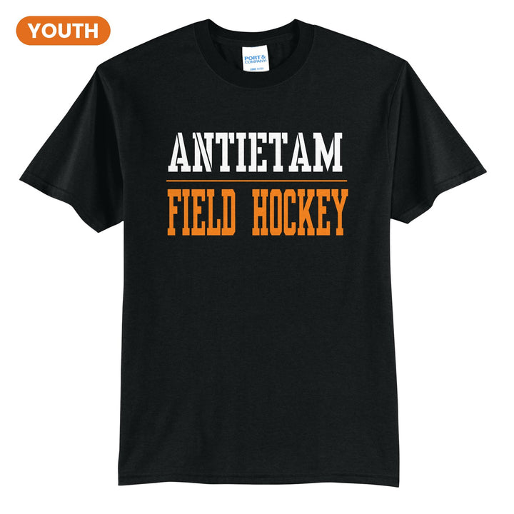 Antietam Mountaineers Sport or Activity youth t-shirt in Jet Black: ANTIETAM over a thin rule and FIELD HOCKEY (your sport or activity) in block letters