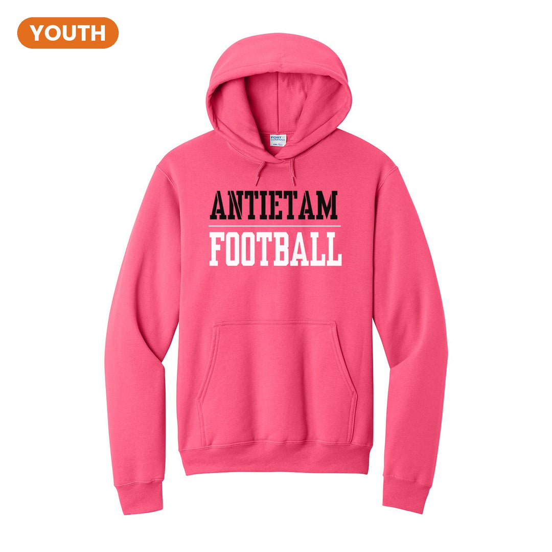 Antietam Mountaineers Sport or Activity youth hoodie in Neon Pink: ANTIETAM over a thin rule and FOOTBALL (your sport or activity) in block letters