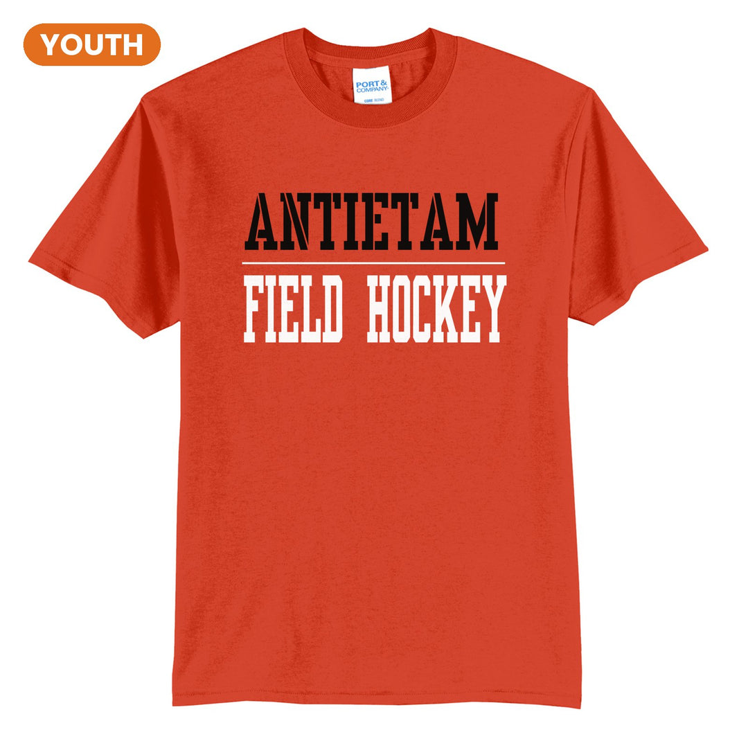 Antietam Mountaineers Sport or Activity youth t-shirt in Orange: ANTIETAM over a thin rule and FIELD HOCKEY (your sport or activity) in block letters