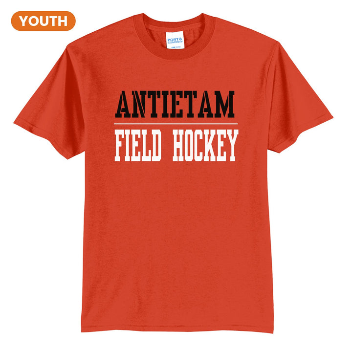 Antietam Mountaineers Sport or Activity youth t-shirt in Orange: ANTIETAM over a thin rule and FIELD HOCKEY (your sport or activity) in block letters