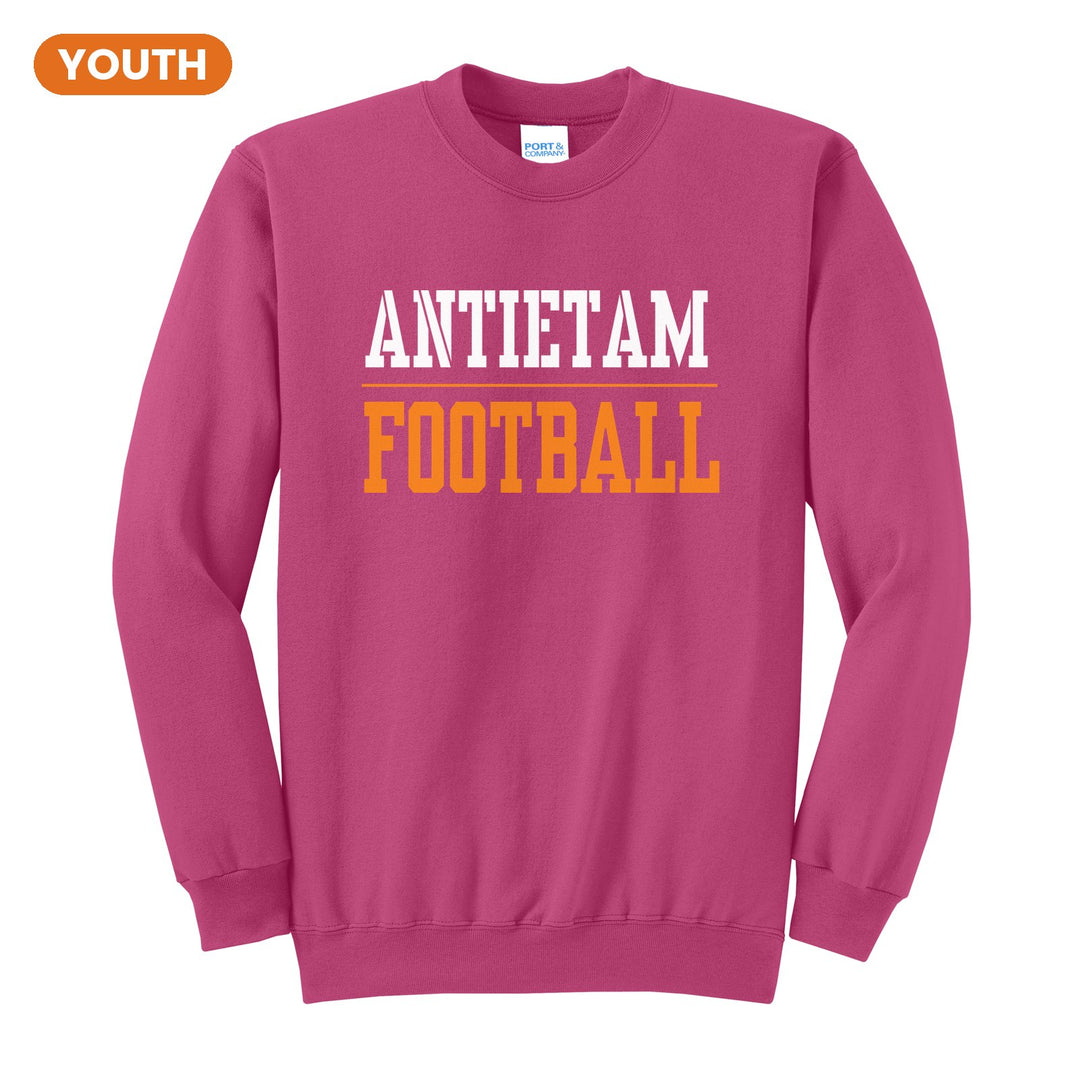 Antietam Mountaineers Sport or Activity youth crewneck sweatshirt in Sangria: ANTIETAM over a thin rule and FOOTBALL (your sport or activity) in block letters