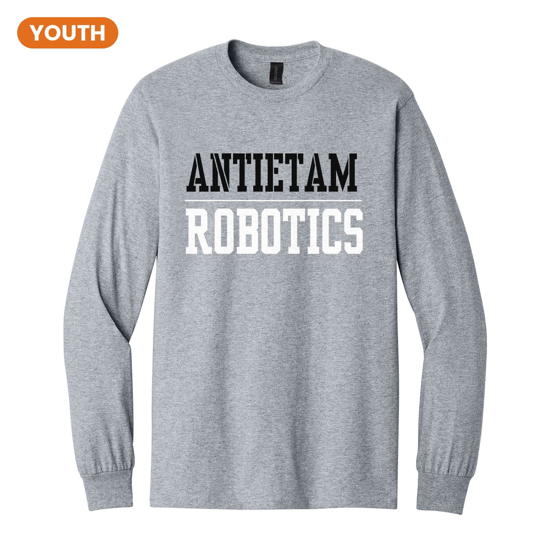 Antietam Mountaineers Sport or Activity youth long sleeve t-shirt in Sport Grey: ANTIETAM over a thin rule and ROBOTICS (your sport or activity) in block letters
