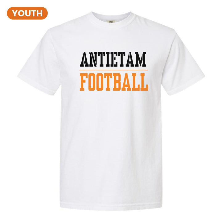 Antietam Mountaineers Sport or Activity youth comfort colors t-shirt in White: ANTIETAM over a thin rule and FOOTBALL (your sport or activity) in block letters