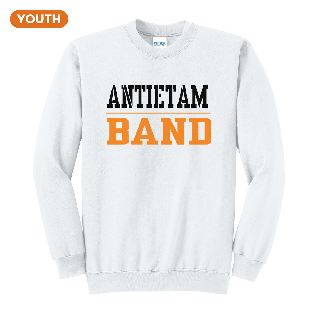 Antietam Mountaineers Sport or Activity youth crewneck sweatshirt in White: ANTIETAM over a thin rule and BAND (your sport or activity) in block letters