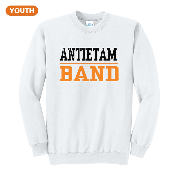 Antietam Mountaineers Sport or Activity youth crewneck sweatshirt in White: ANTIETAM over a thin rule and BAND (your sport or activity) in block letters