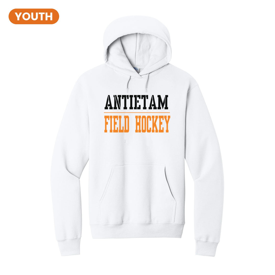 Antietam Mountaineers Sport or Activity youth hoodie in White: ANTIETAM over a thin rule and FIELD HOCKEY (your sport or activity) in block letters