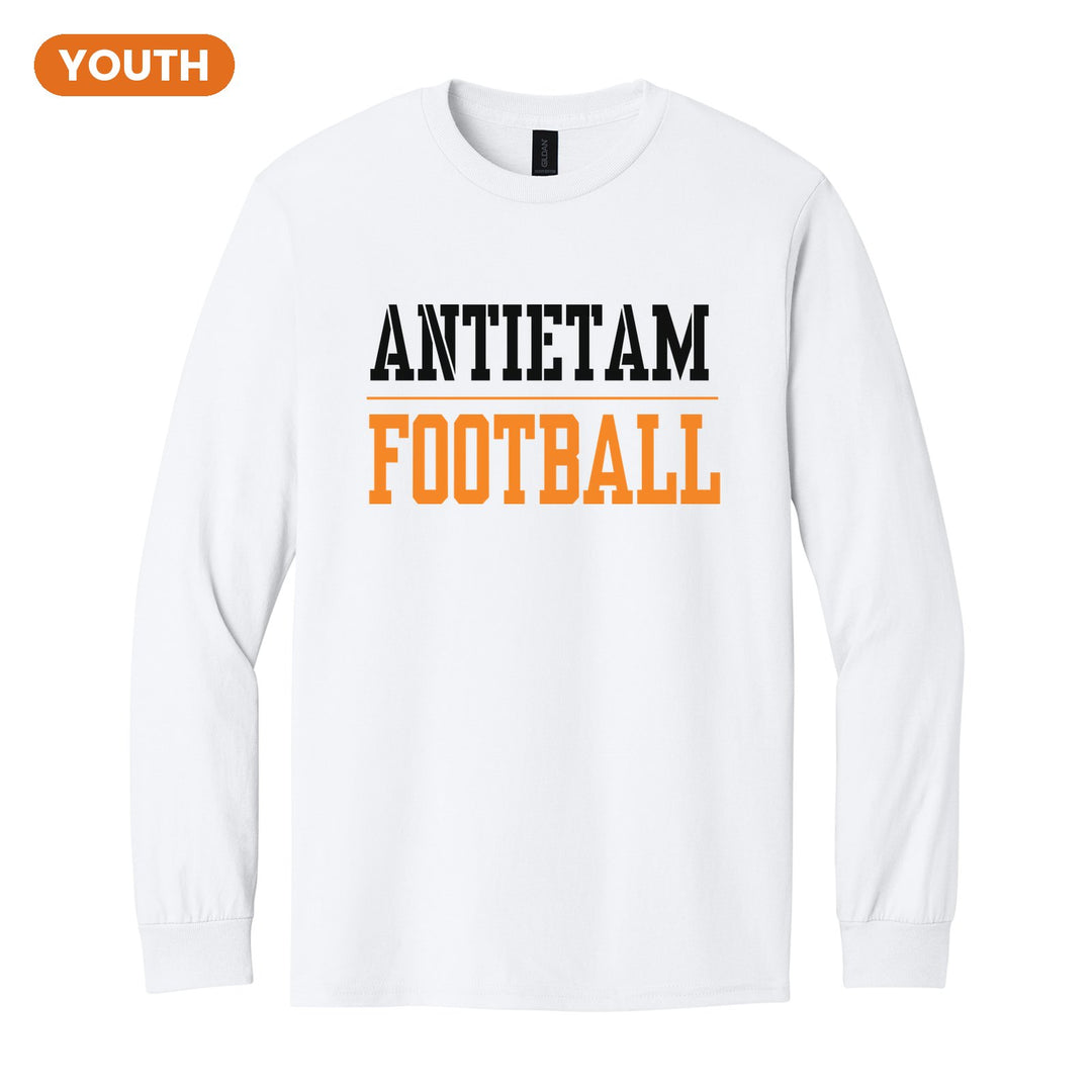 Antietam Mountaineers Sport or Activity youth long sleeve t-shirt in White: ANTIETAM over a thin rule and FOOTBALL (your sport or activity) in block letters