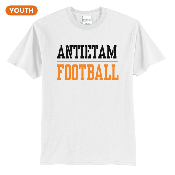 Antietam Mountaineers Sport or Activity youth t-shirt in White: ANTIETAM over a thin rule and FOOTBALL (your sport or activity) in block letters
