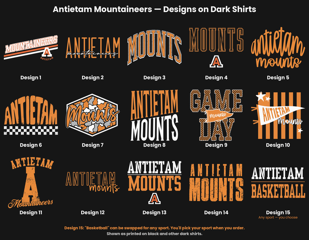 Antietam Mountaineers design chart, all fifteen designs as printed on dark shirts