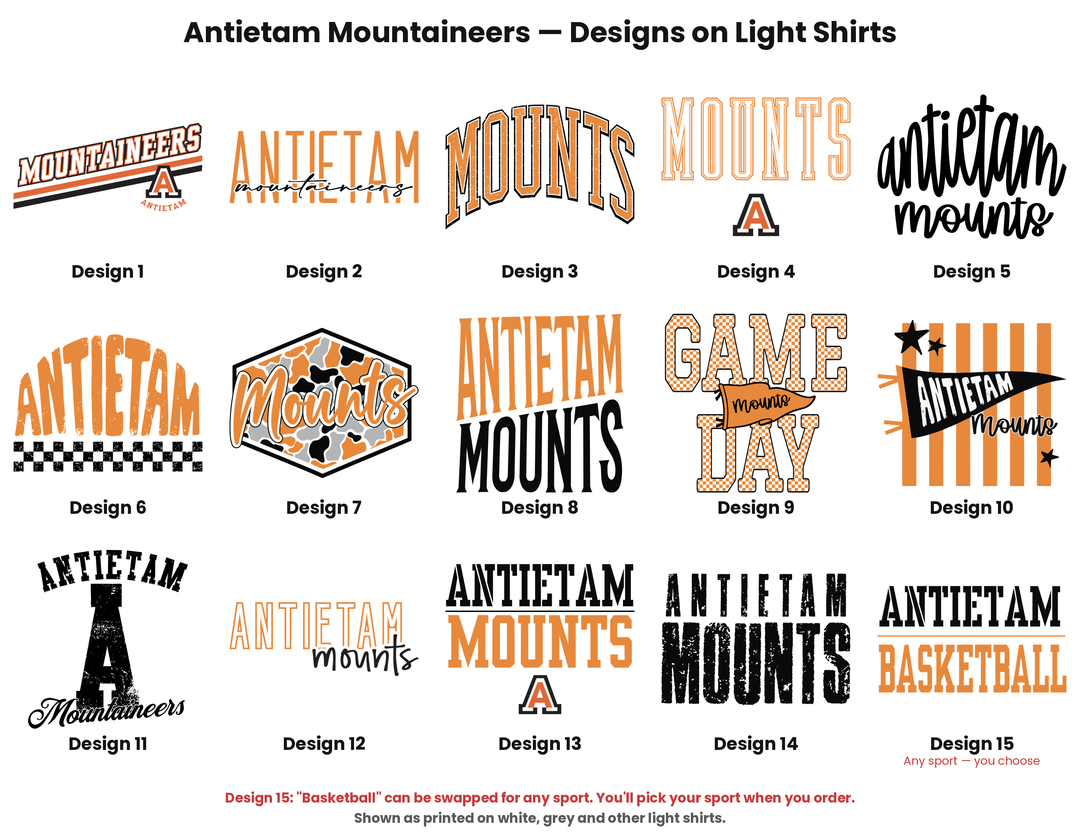Antietam Mountaineers design chart, all fifteen designs as printed on light shirts