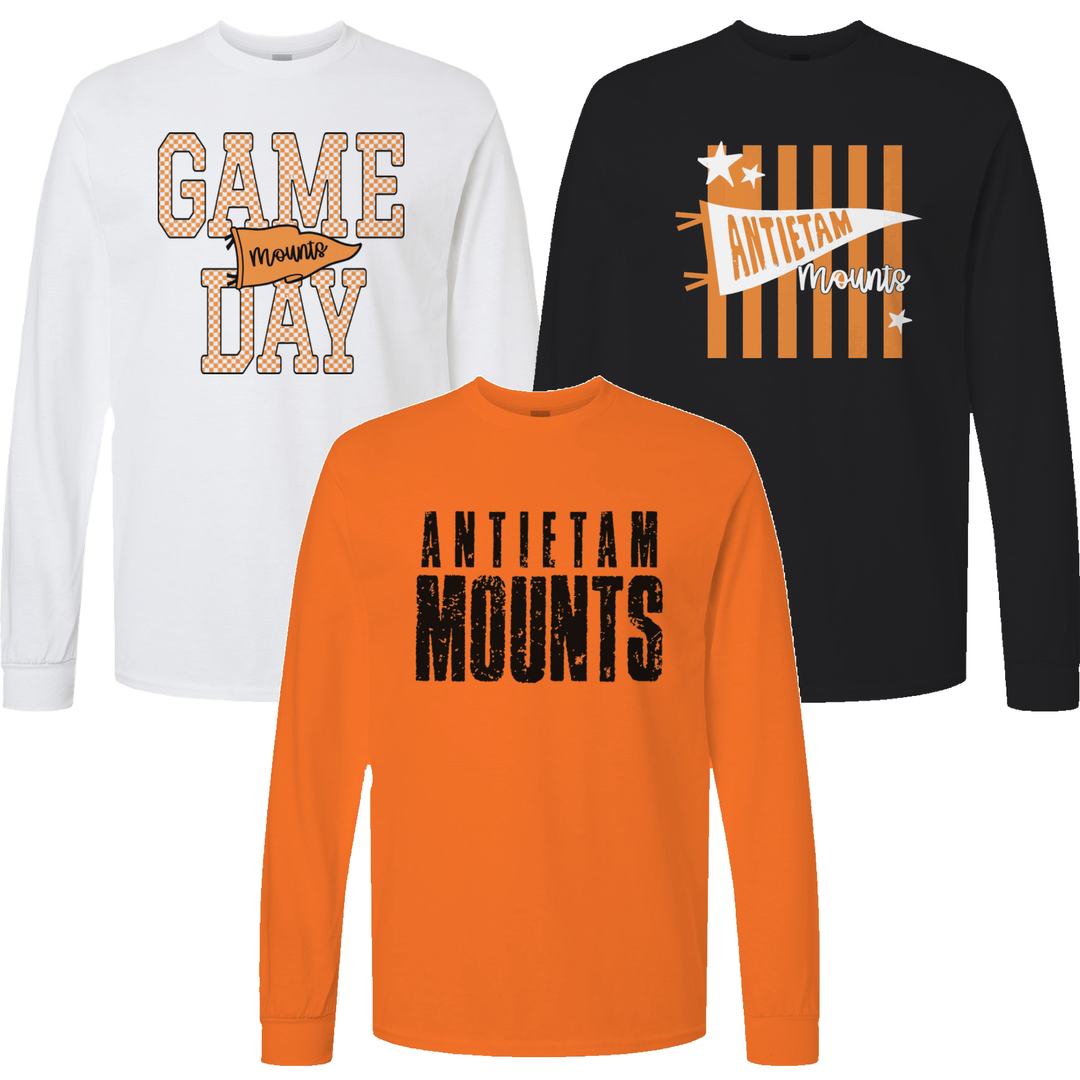 Antietam Mountaineers long sleeve tees in white, orange and black showing three of the fifteen designs