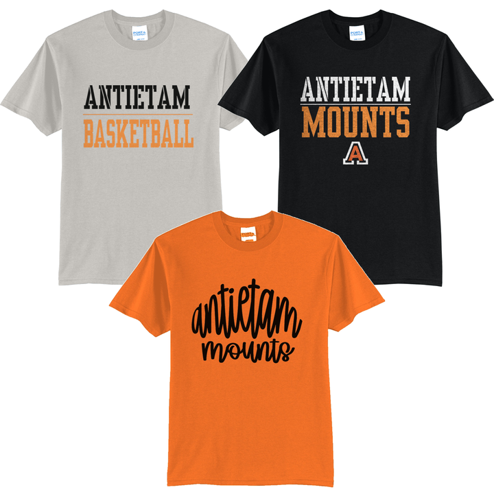 Antietam Mountaineers tees in silver, orange and black showing three of the fifteen designs