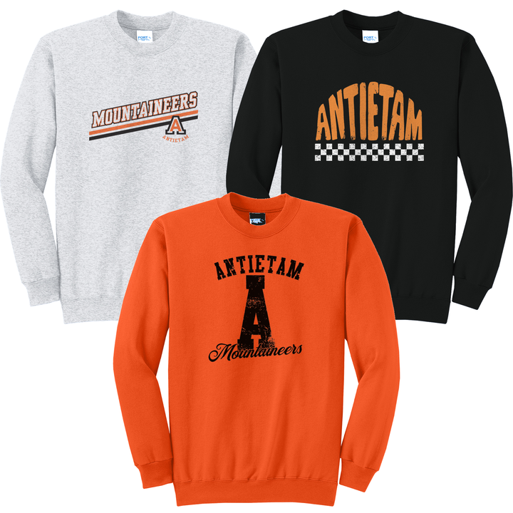 Antietam Mountaineers crewneck sweatshirts in ash, orange and black showing three of the fifteen designs