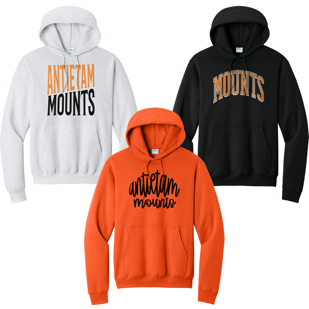 Antietam Mountaineers hoodies in ash, orange and black showing three of the fifteen designs