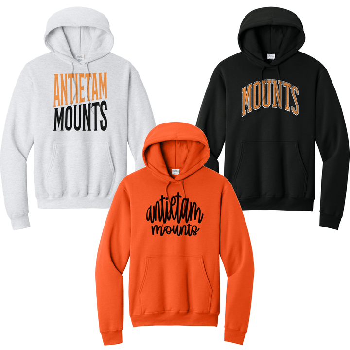Antietam Mountaineers hoodies in ash, orange and black showing three of the fifteen designs