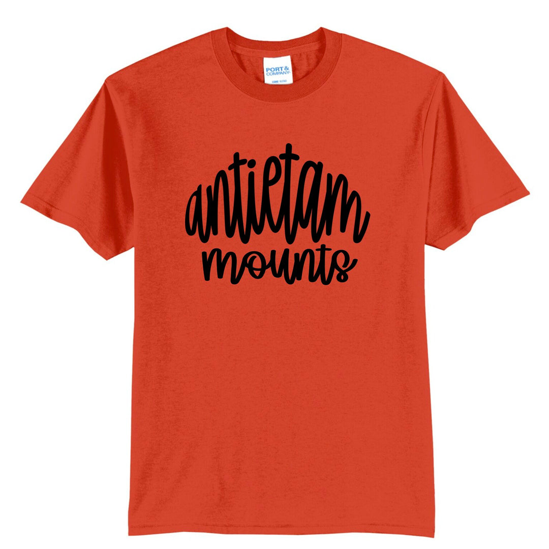 Example: orange tee with black hand-lettered script